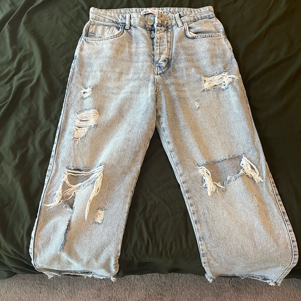 Zara Light Blue Distressed Boyfriend Jeans
